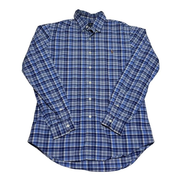 Ralph Lauren Slim Fit Stretch Oxford Plaid Blue Button Down Shirt‎ Men’s Large - Picture 1 of 8